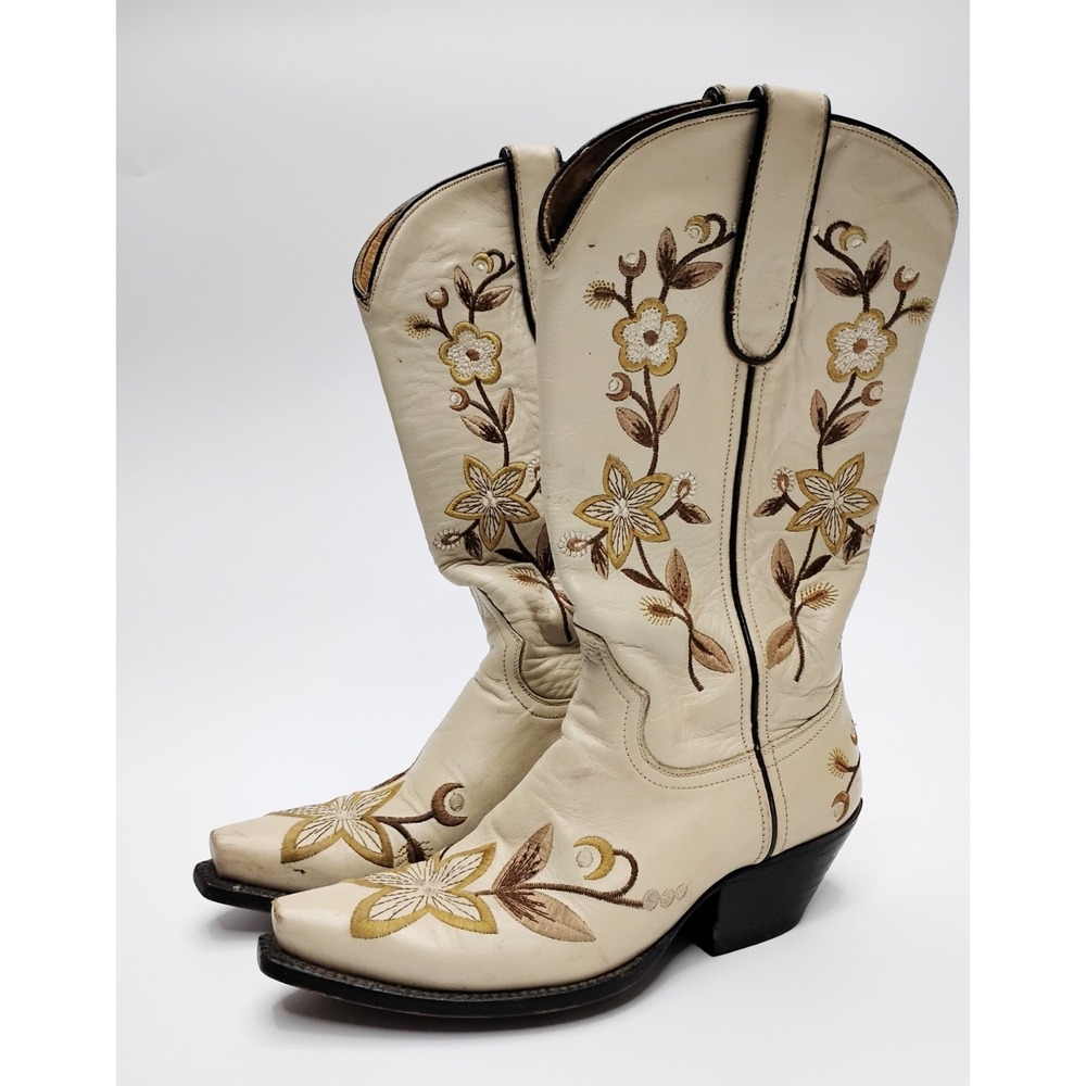 Rogers Boots Cabo RCA Cream Floral Embroidery Cowboy Boots Women's Size 6